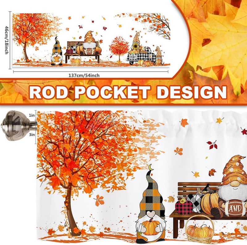 Finphoon Fall Kitchen Valances for Windows, Gnome Pumpkin Leaves Window Valances 54x18, Autumn Thanksgiving Farmhouse Rod Pocket Valance Curtains for Living Room Bedroom - Image 2